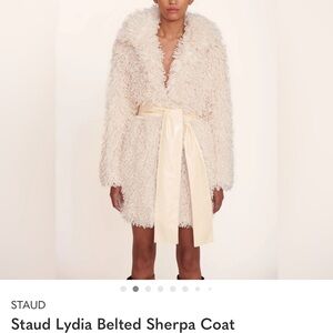 STAUD Cream Teddy Jacket with Tan Belt